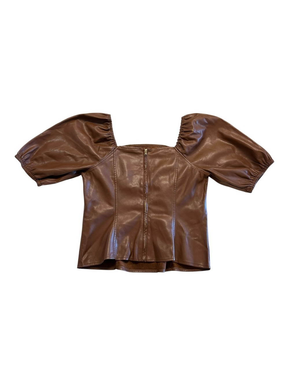 Marc New York Faux Leather Puff Sleeve Top Brown Chic Quiet Luxury 📐M - Picture 4 of 11